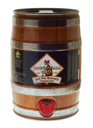 Shows a mini-keg of Red Fox Coggeshall Gold beer