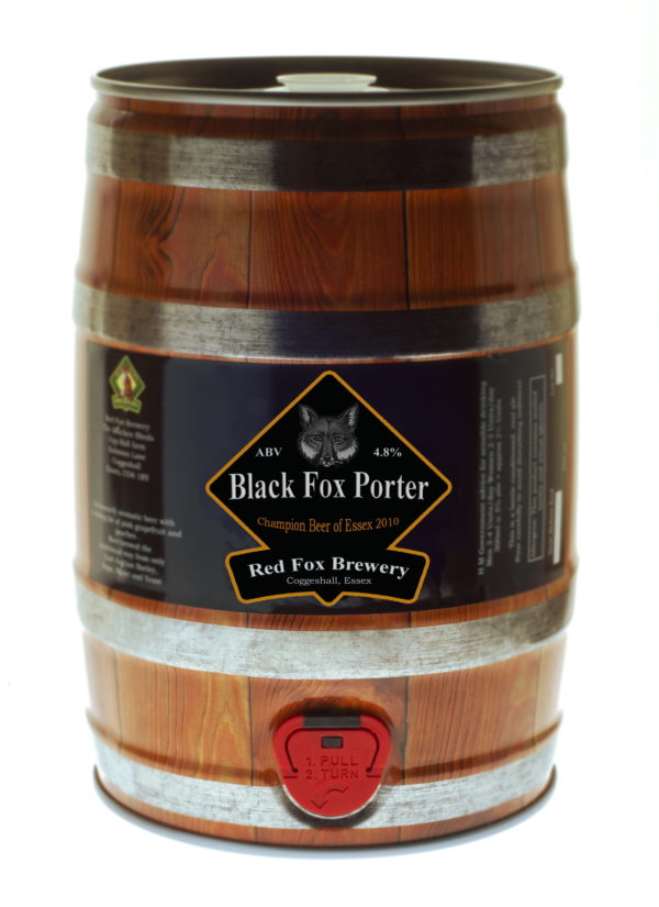 Shows a mini-keg of Black Fox Porter