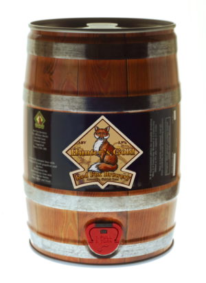 Photo of a mini-keg of Red Fox Hunter's Gold beer